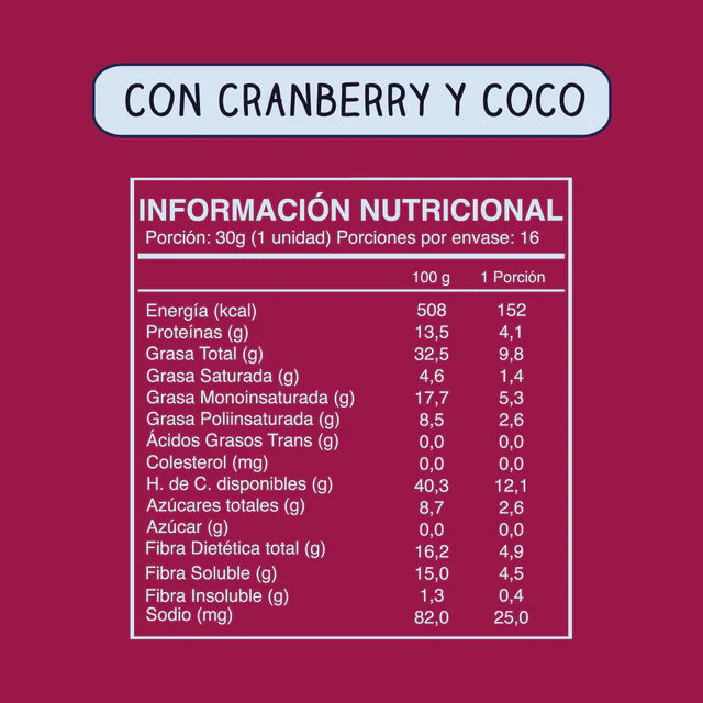 12 Cajas Barra Frutos Secos Cranberry Coco 16 unidades c/u