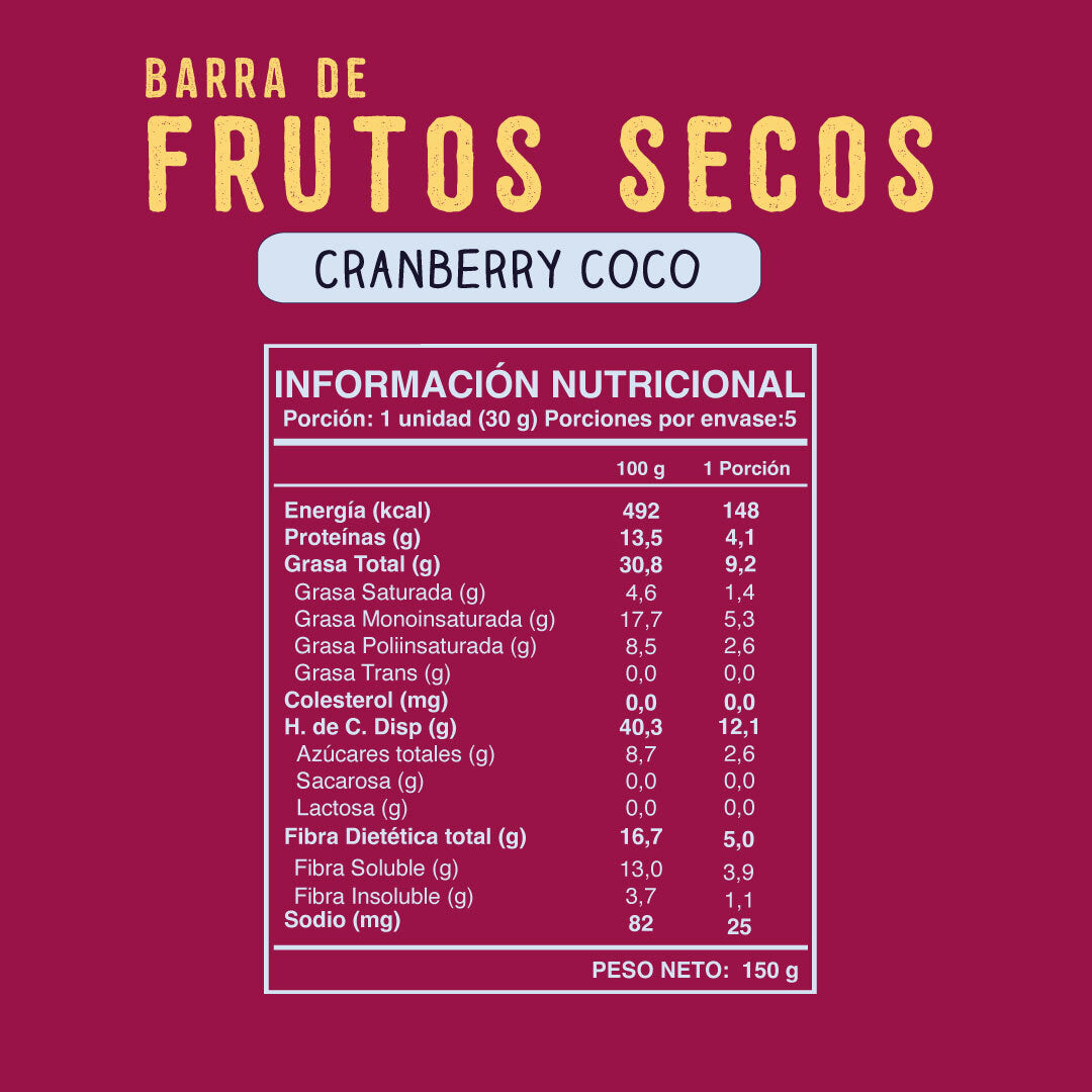Barra Frutos Secos Cranberry Coco - 5 unidades