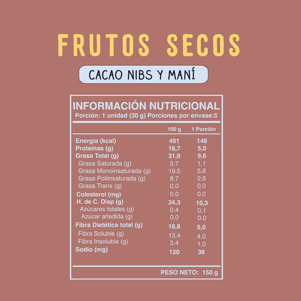 Barra de Frutos Secos Cacao Nibs Maní 30 grs. (5u.)