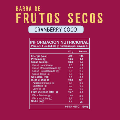 Barra Frutos Secos Cranberry Coco 5 unidades